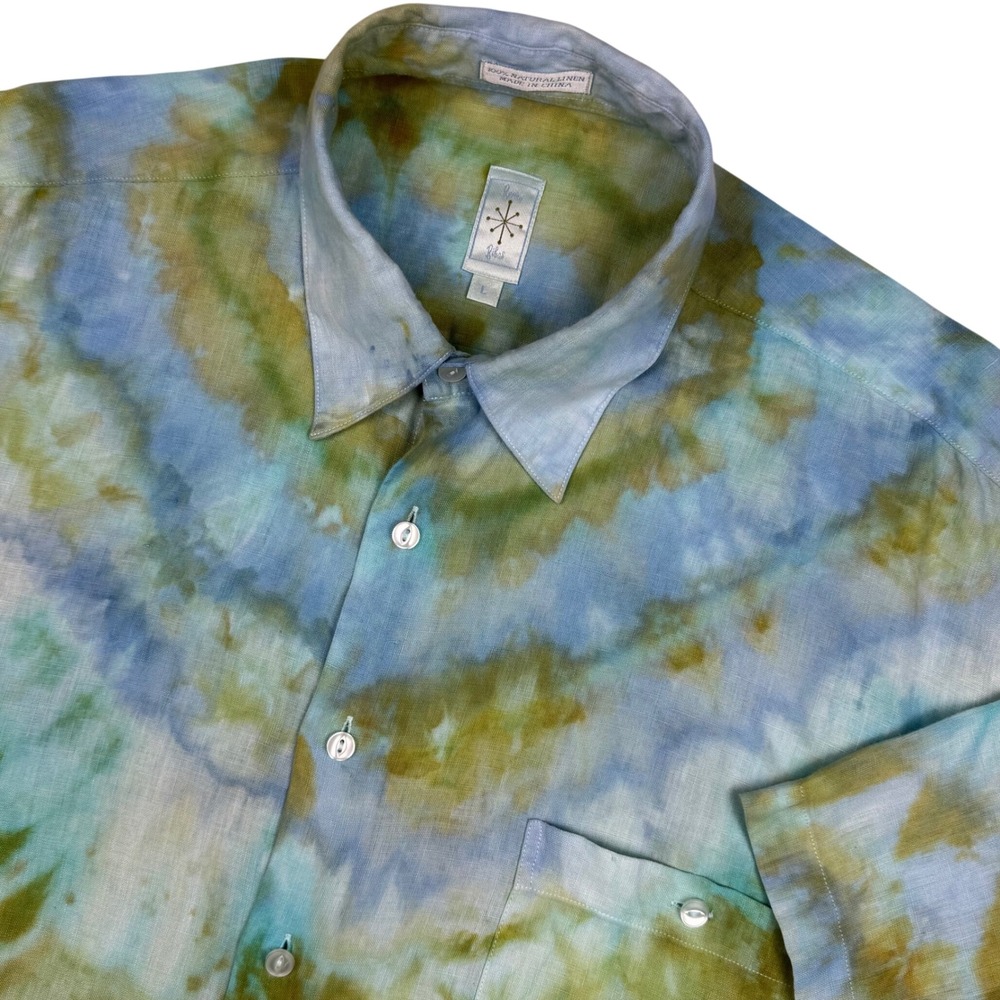 Burma Bibas 100% Linen Button Up Shirt Tie Dye Men Large Blue Green Beach Resort